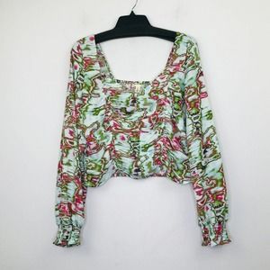 Open Edit Women's 1X Crop Top Blue Green Ruched Long Puff Sleeve Smocked M25